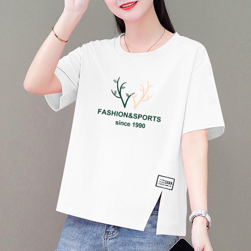 Korean Style Plus Size Loose Cotton Short-Sleeve Women's T-Shirt with Round Neck and Printed Design