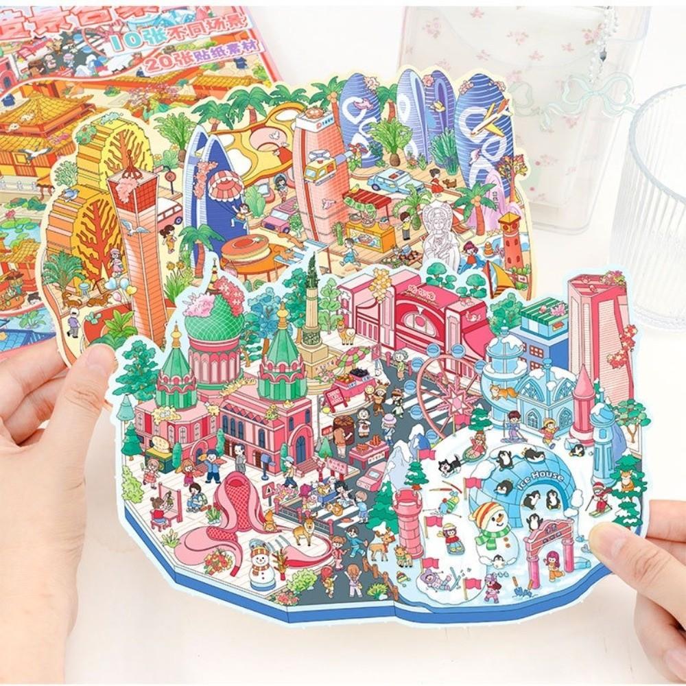PET 3D Landscape Stickers 8/10 Scene 20 Sheets Large Style Visual Stacking Sticker Cartoon Town 5.0 6.0 7.0 Cabin Scene Stickers