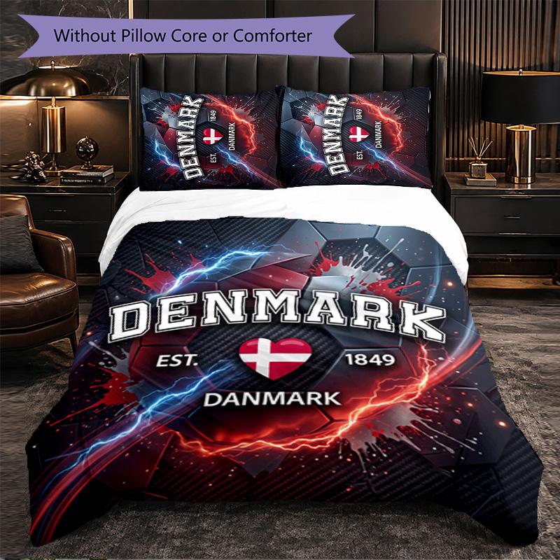 Denmark Football Pattern 3 Pieces Bedding Set Soft Microfiber Duvet Cover with Pillow Cases for Bedroom