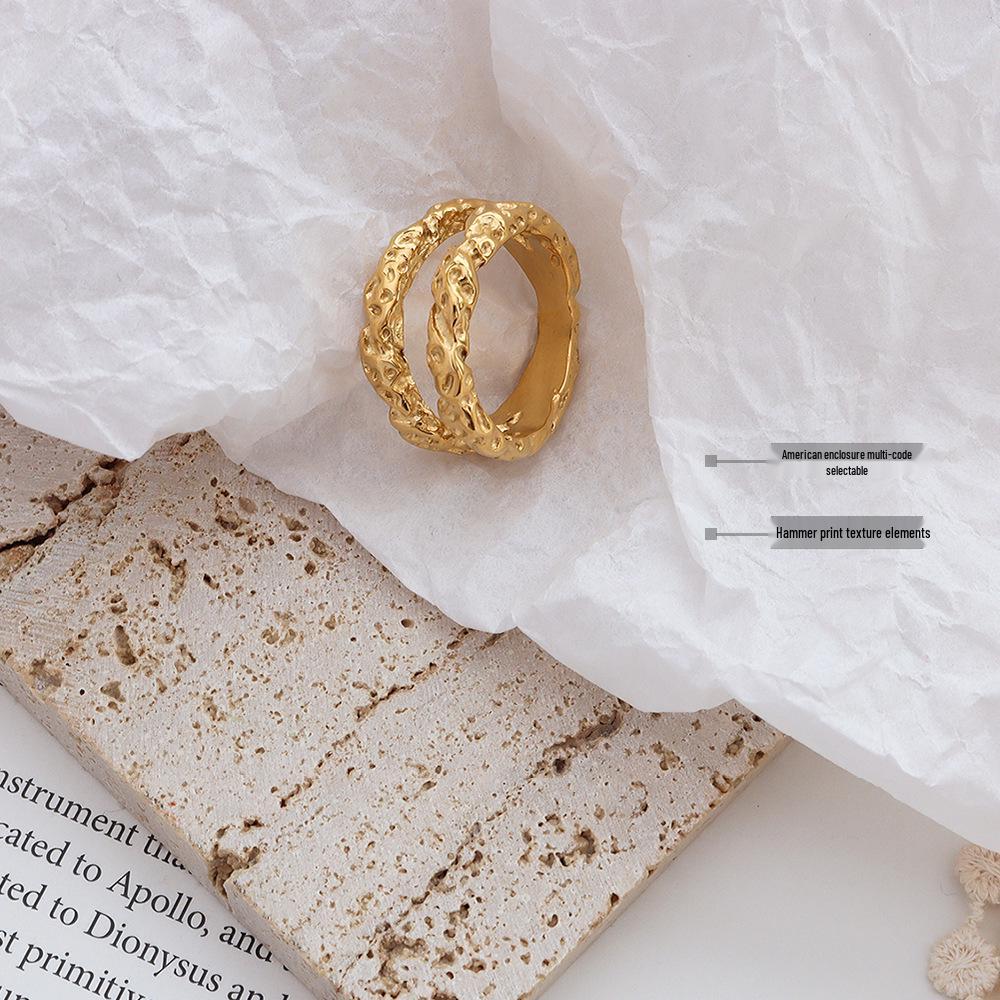 European Hammered Texture 18k Gold Titanium Steel Double Layer Index Finger Ring