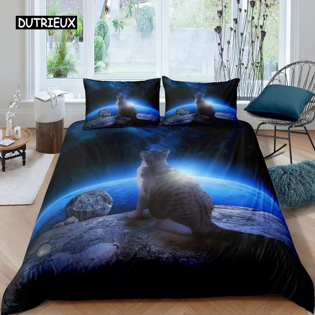 Galaxy Cat Duvet Cover Set Microfiber Universe Galaxy Bedding Set Cute Kitten Comforter Cover Outer Space Planets Quilt Cover
