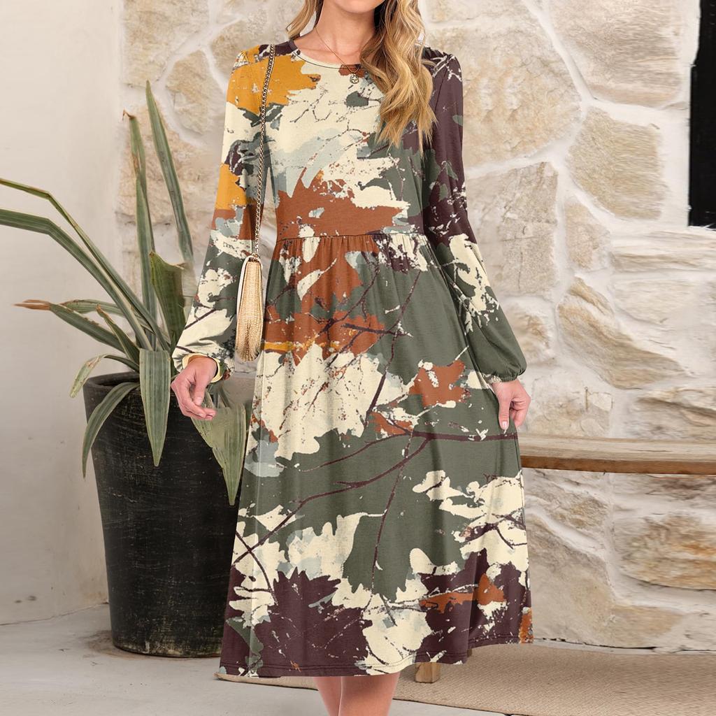 Women's fashionable loose retro printed round-neck dress