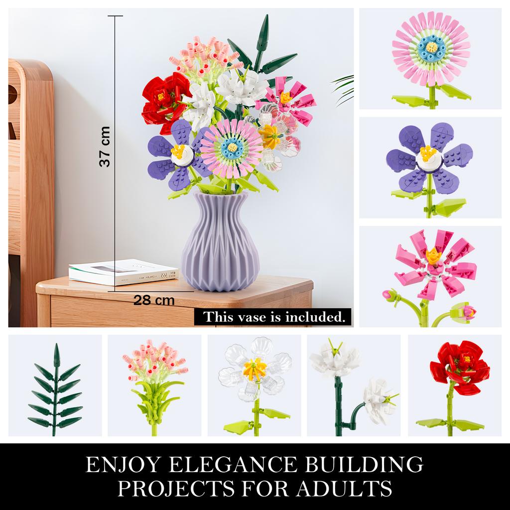 730PCS Crative Bouquet Building Blocks Sets With Plastic Vase DIY Flower Blocks Toys Gifts Sets Desktop Ornament