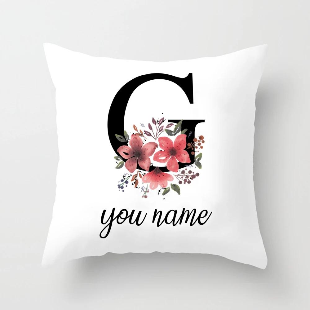 Personalized Name Flower Letter Pillow Case Alphabet Print White Square Pillow Case Dust Cover Bedroom Party Decoration