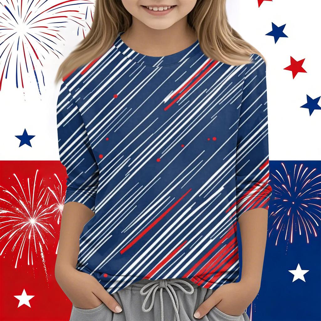 Print Tops For Youth Girls Round Neck 3/4 Sleeves T-Shirts Trendy Tops Outfit Tees Independence Day
