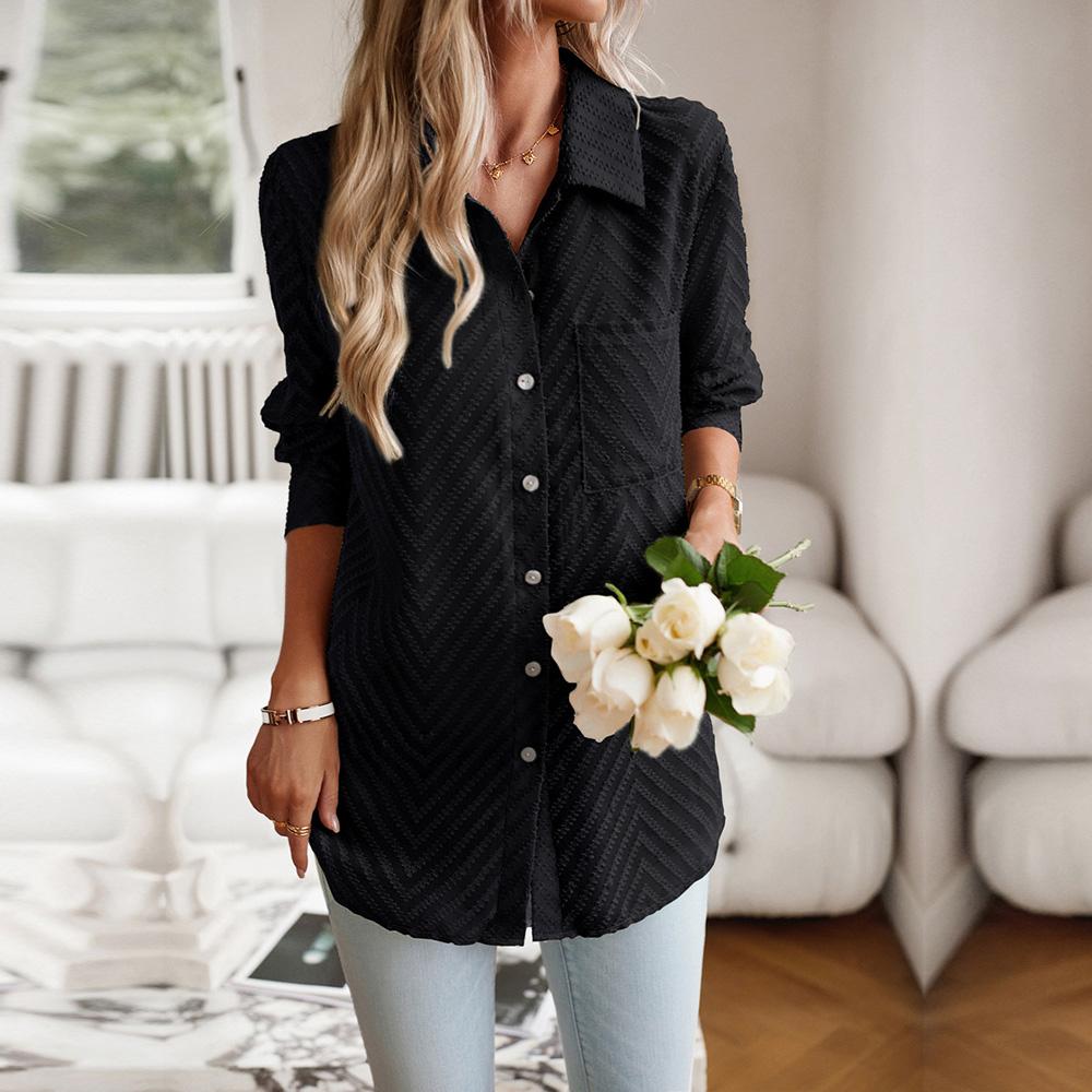 Женские осенние однобортные жаккардовые рубашки с длинными рукавами и воротником — фото 15