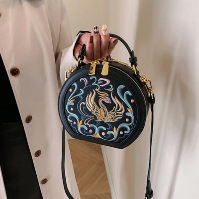 Runde Umhängetasche mit Vintage-Stickerei, Handtasche mit Reißverschluss, klassische Trend-Nischen-Umhängetasche