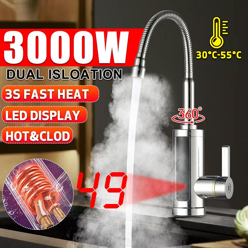 Electric Instant Heater Faucet Tap 360Rotation LED Digital Display Hot Water Kitchen Faucet Tankless Hot Cold Mixer Tap 3000W
