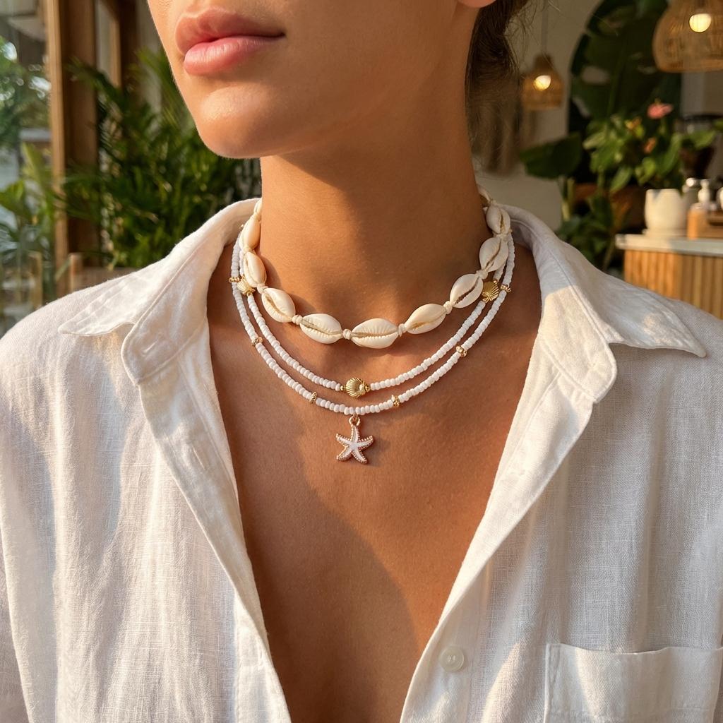 Bohemian Multilayer Starfish Sea Shell Necklace For Women Fashion Imitation Pearl Rice Beads Chain Choker Summer Beach Jewelry