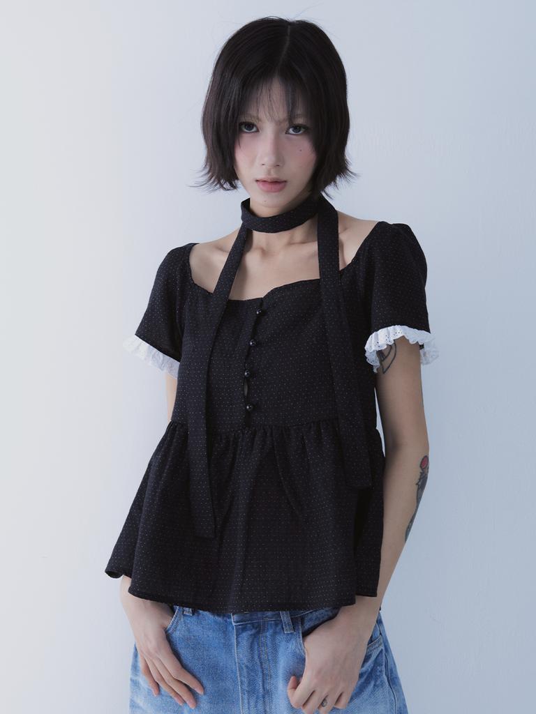SETSETSET Dot Muffler Flared Blouse