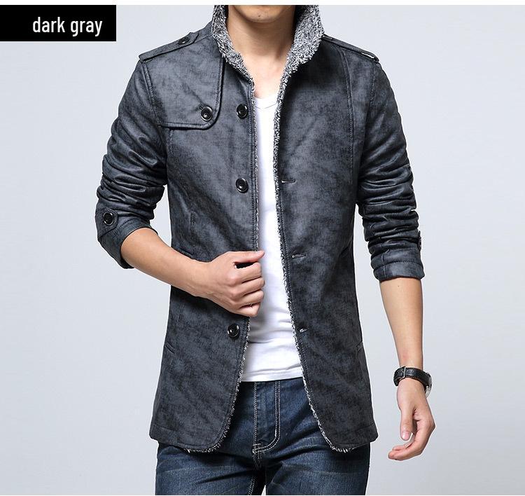 

In Stock: Youth Brown Casual PU Leather Jacket - Fleece-Lined, Single-Breasted, Stand-Up Collar, Welt Pockets M сірий колір
