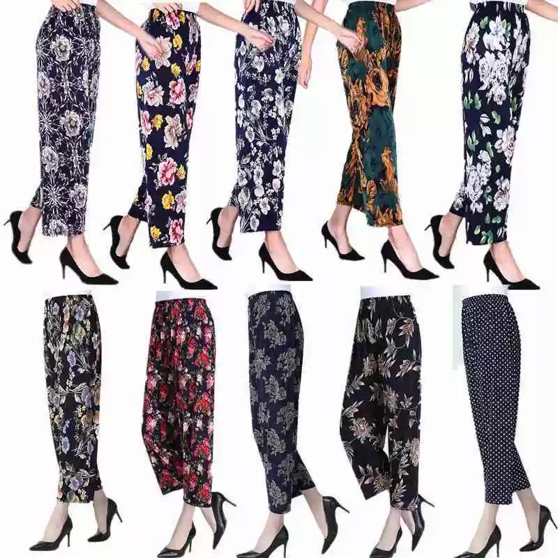 Ice Silk Floral Wide-Leg Pants for Middle-Aged and Elderly Women - Large, Loose, Casual, Straight-Leg Design