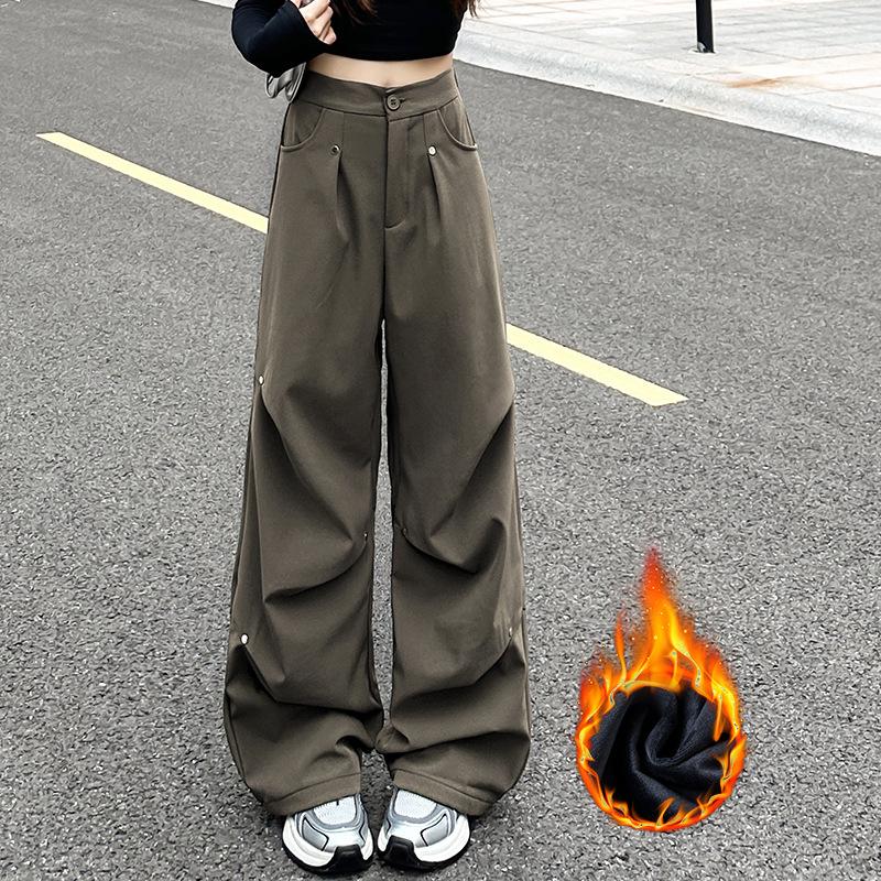 Working Trousers for Women Design Winter Plus Fleece New Niche Loose Straight Wide-leg Casual Pants