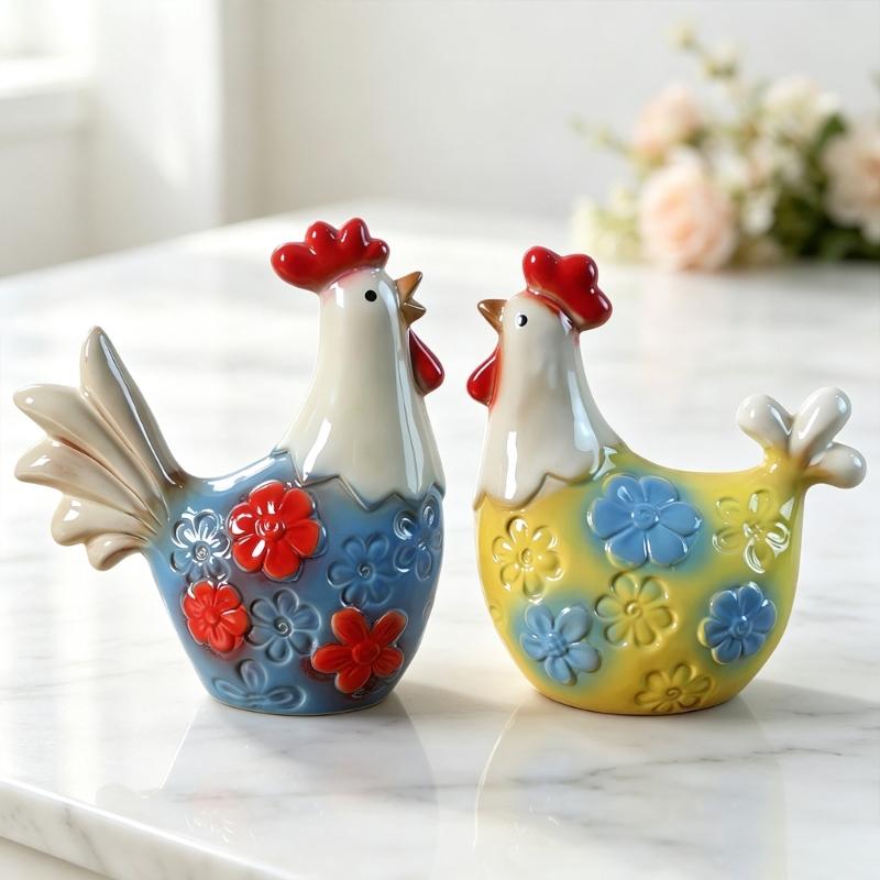 2 Pack Glazed Ceramic Decors Farm Animal Figurine Floral Textured Table Accent for Shelf Cabinet Entryway Living Room and Desk Display