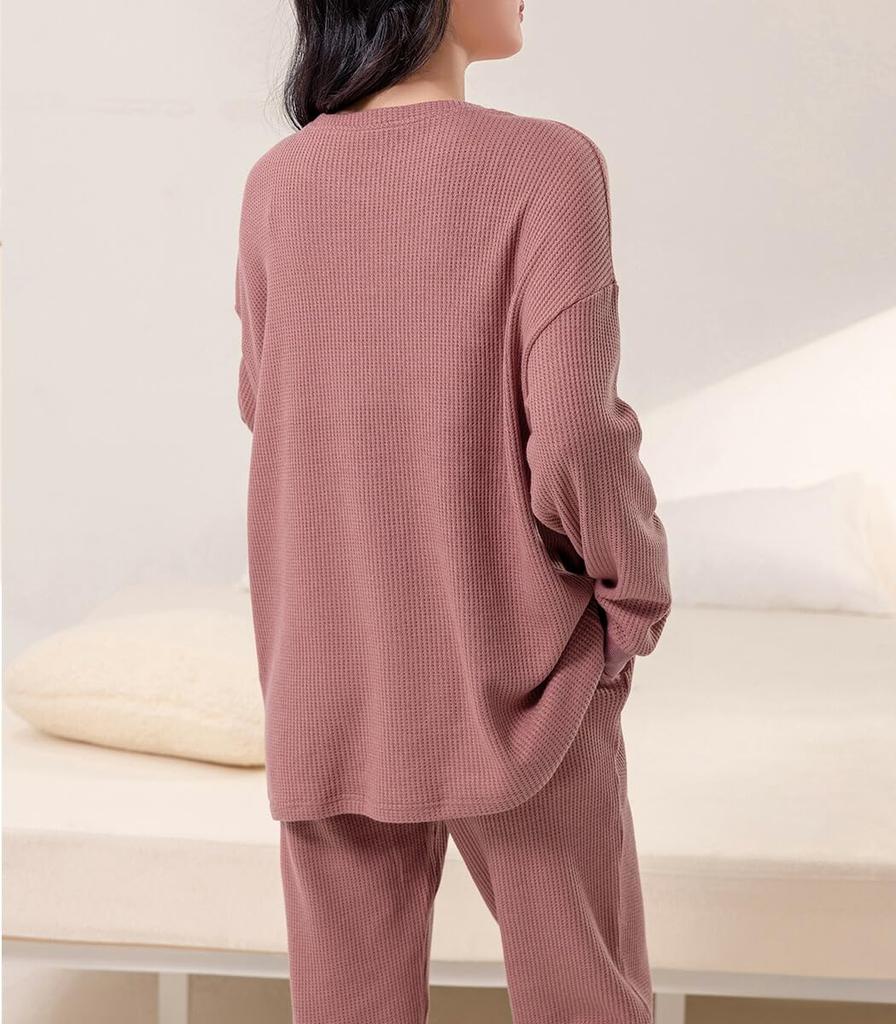 DAYCLOSET Комплект пижамы с длинным рукавом из вафельной ткани с животиком Средний Холодный домашняя одежда208 Пыльный Женский Теплее, Толщина, Погода, Осень/Зима, (Дж. П.,