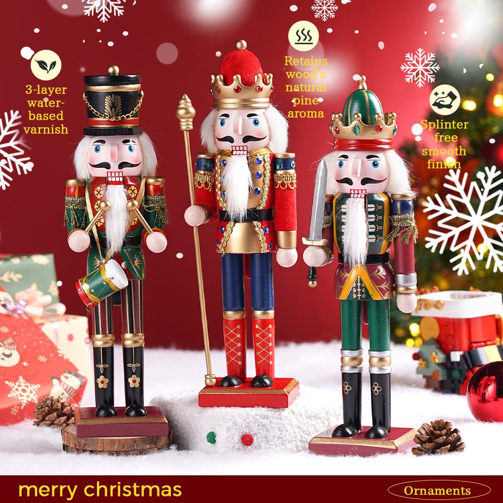 3pcs 30cm Unique Wooden Nutcracker King Drummer Soldier Handmade Christmas Decor Puppet Ornaments Holiday Decor Collectible Gift