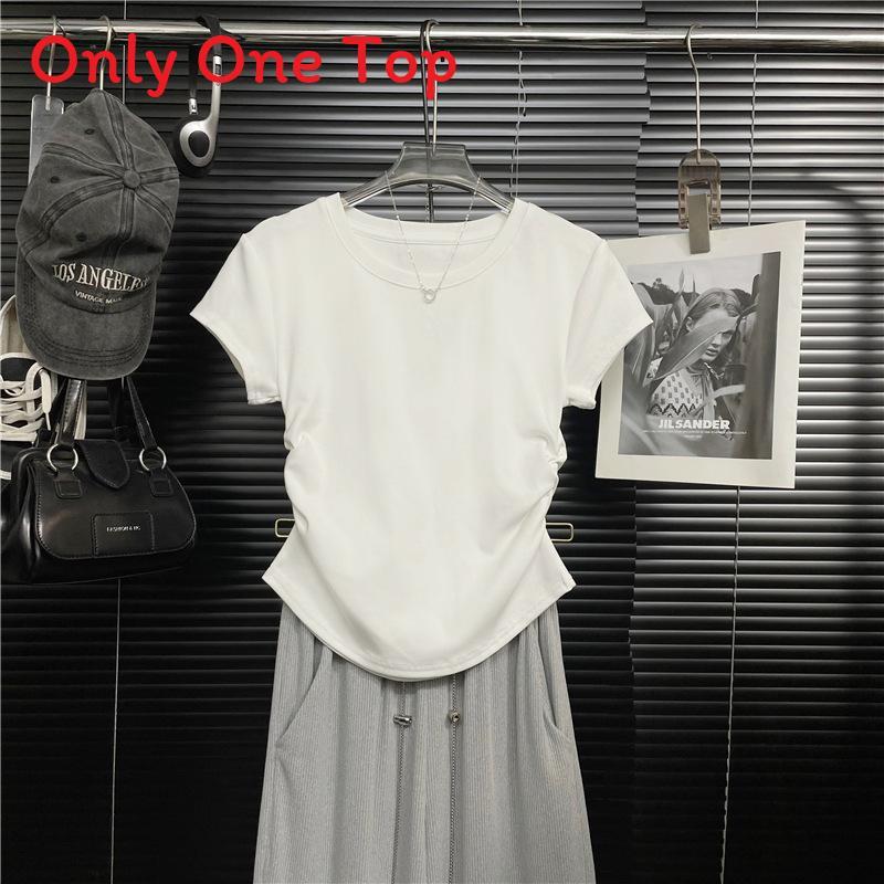 Summer Woman V Neck T Shirt With Wrinkled Design And Slim Fit For Casual Wear