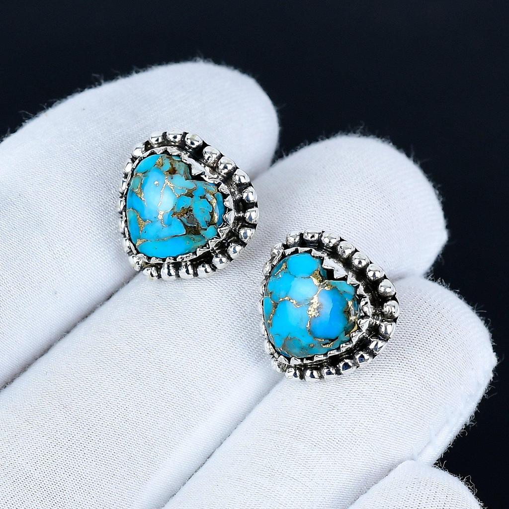 Blue Spiny Turquoise Earrings | 925 Sterling Silver Stud Earrings | Handmade Gemstone Love Studs Heart Earrings | Boho Jewelry Birthday Gift