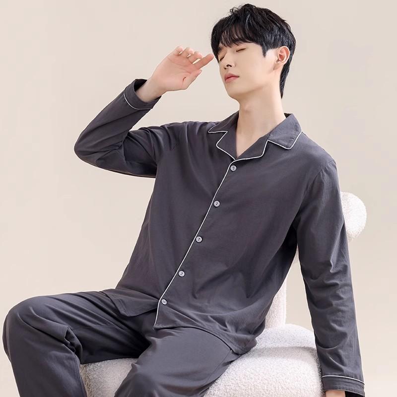 Fashion Brand Pajamas Suit Men Long-sleeved Pure Cotton Spring Autumn Gent Soft Cotton Summer Loungewear Set Male Nightcloth