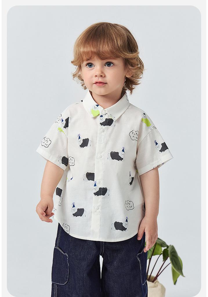 Mini Balabala Boys' Short Sleeve Shirt Plant Fiber Cotton Soft Breathable Collar Open Top 26 Summer New Product