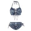 Summer Sexy Net Celebrity Denim Bikini: White Tie-Up Split Swimwear for Women