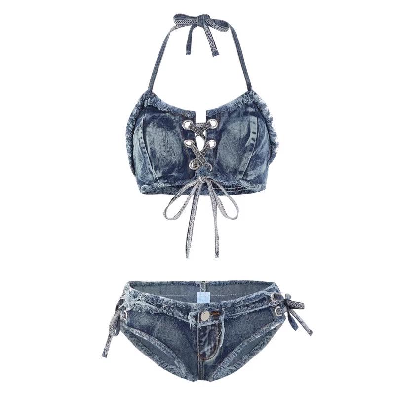 Summer Sexy Net Celebrity Denim Bikini: White Tie-Up Split Swimwear for Women