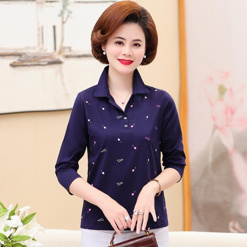 Autumn Cotton Lapel T-shirt for Middle-aged & Elderly Women - Long-Sleeve, Loose Fit, Plus Size