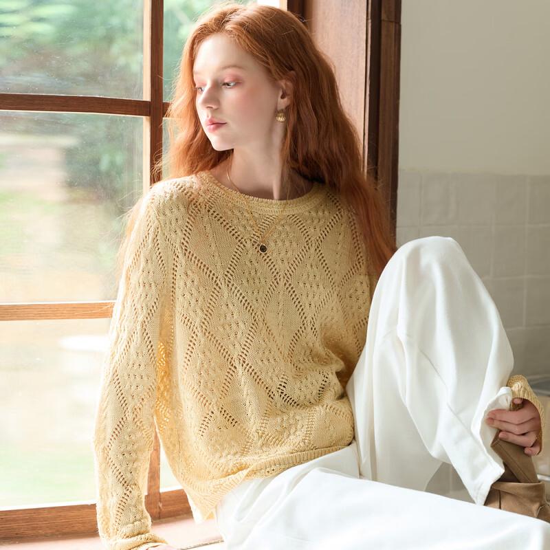 Sancai Women's Round Neck Long Sleeve Hollow Knit Sweater