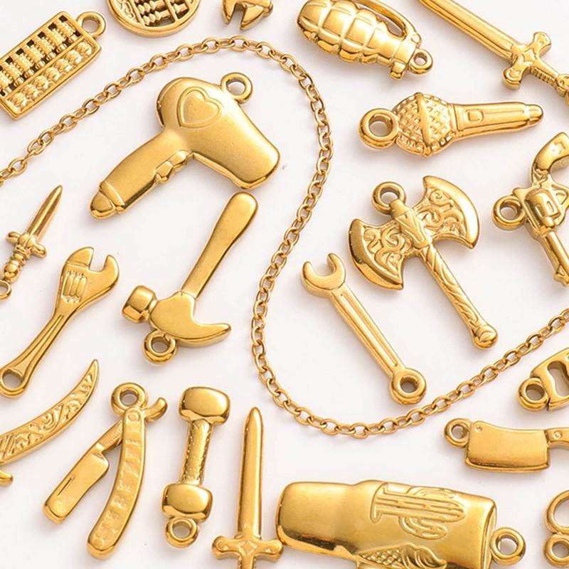 6pcs Tools Pendant Sword Gun Axe Real Gold Plated Stainless Steel Charms For Jewelry Making Necklace Keychain Handmade Material