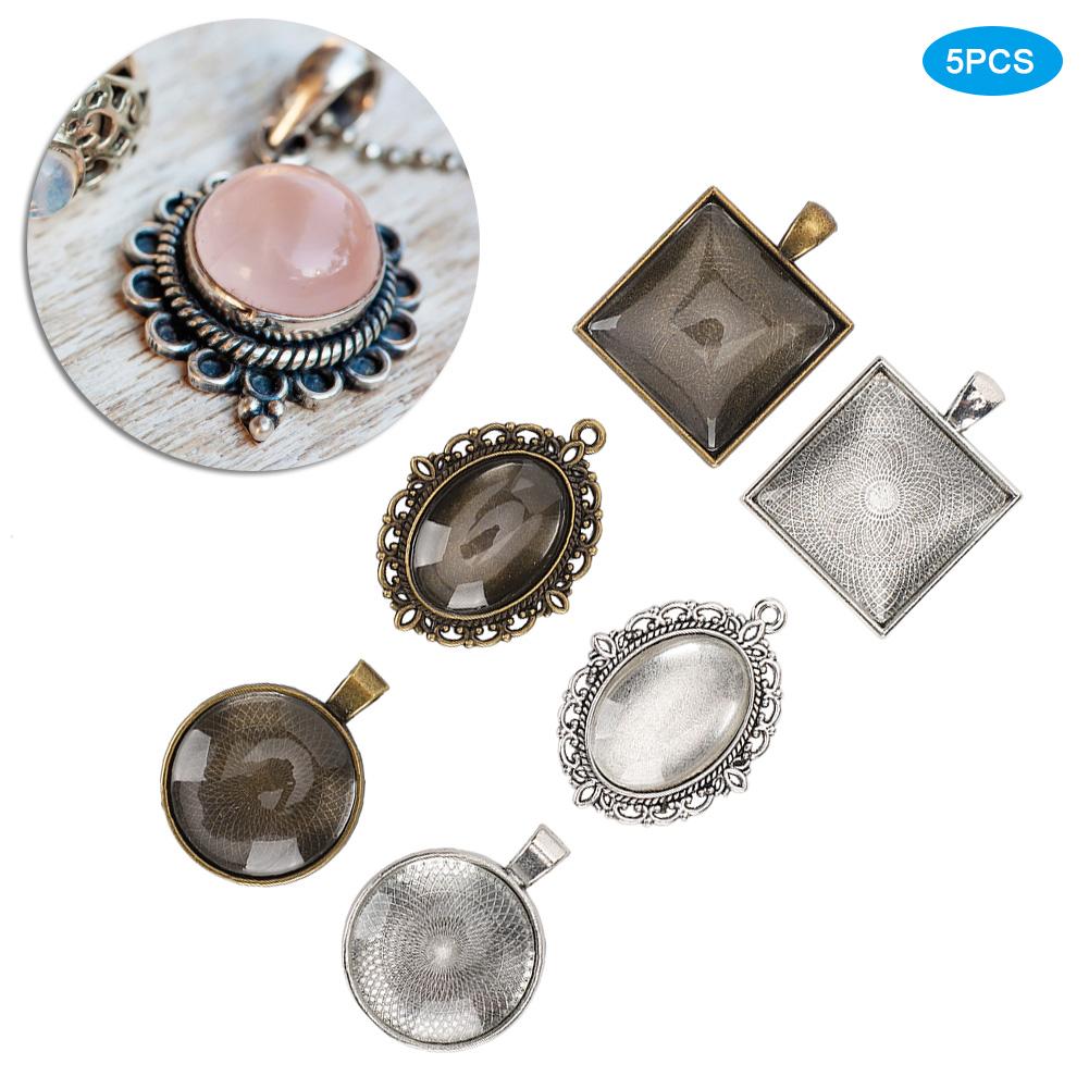 60pcs Metal Round Oval Pendant Base Tray Glass Domes Sheet Jewelry DIY Tool Accessory