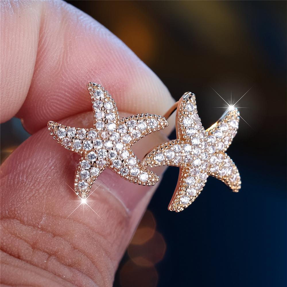 Cute Female Stone White Crystal Starfish Stud Earrings Gold Color Wedding Jewelry For Women