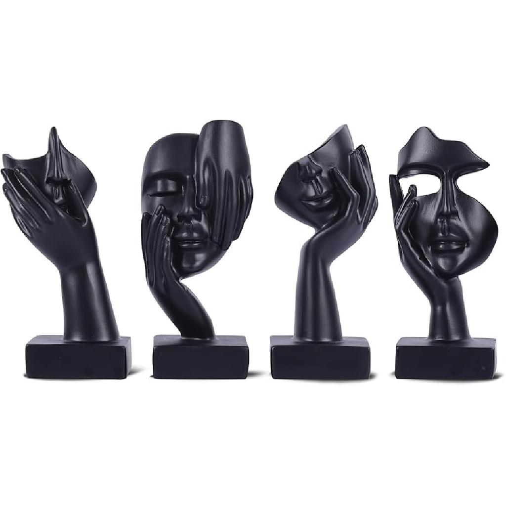 Black Abstract Thinker Figurine Set of 4, Home Art Face Small Statue for Accents Decor Women Bedroom Shelf Bookcase Room Desk, TV Stand, Coffee Table