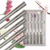 Korean Flat Chopsticks [5 Sets][Made in Korea] 304 Premium Stainless Steel Mukbang Utensil Cutlery Silverware Metal Chopsticks (Orchid Painting)