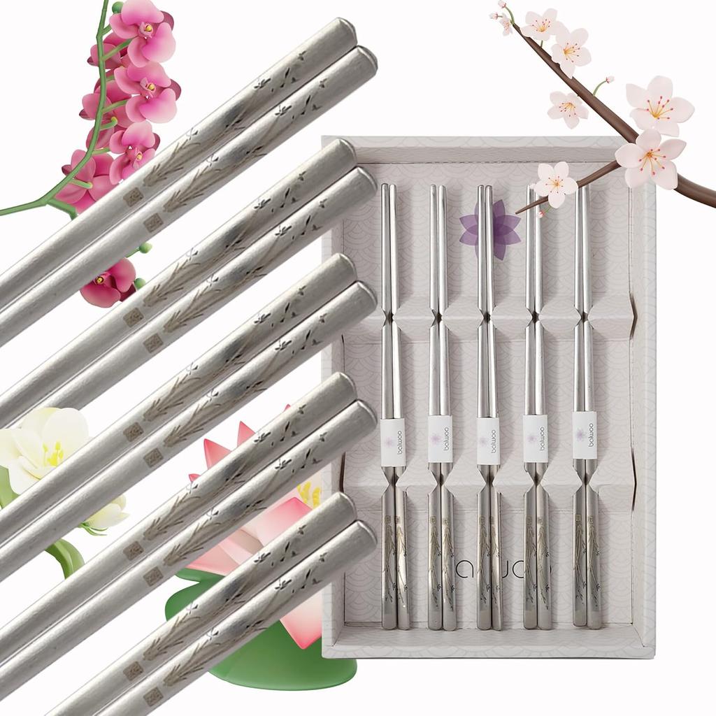 Korean Flat Chopsticks [5 Sets][Made in Korea] 304 Premium Stainless Steel Mukbang Utensil Cutlery Silverware Metal Chopsticks (Orchid Painting)
