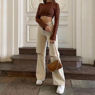 Moda damska Slim Fit jednokolorowe dżinsy z dzwonkami klasyczny styl porwane dżinsy Lady wysokiej talii długie spodnie dżinsowe Street Retro styl rozciągliwe dżinsy