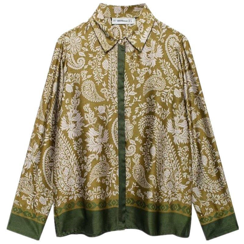 Fashion Style 2024 Fall and Winter New Women's Clothing Temperament Printed Silk Satin Texture Long Sleeves Lapel Shirt 8956192