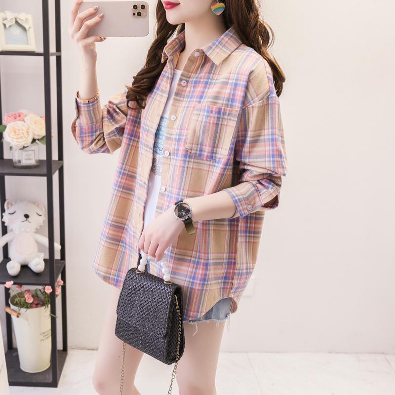 Camisa holgada de manga larga a cuadros para mujer, estilo coreano, chaqueta informal y versátil para estudiantes para primavera y otoño, talla grande, algodón