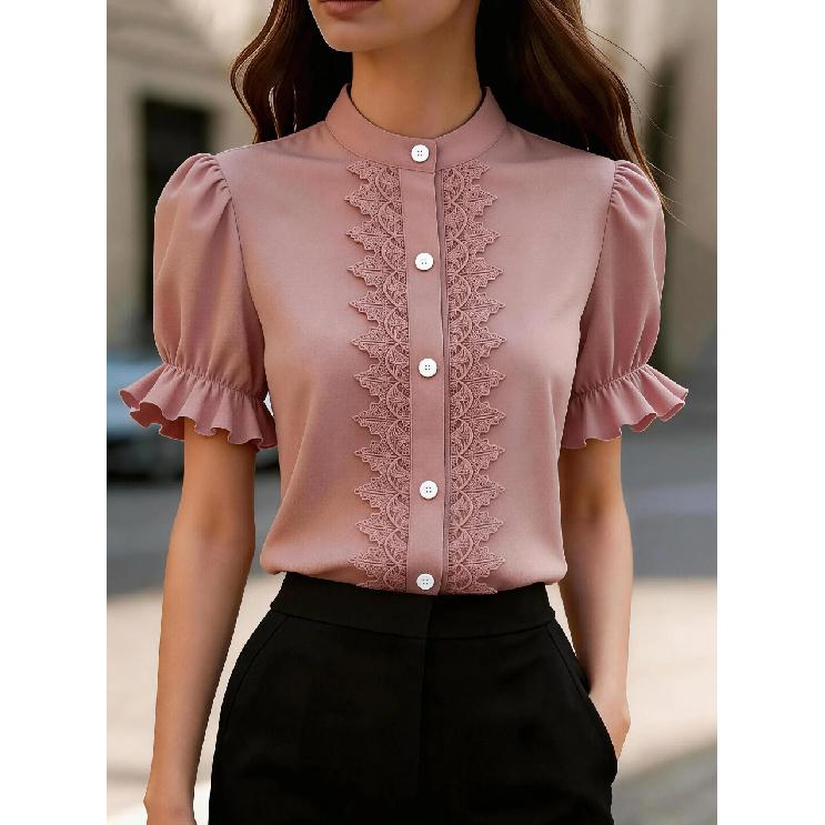 2026 New Summer Stand Collar Lace Patchwork Puff Sleeve Short Sleeve Shirt for Women