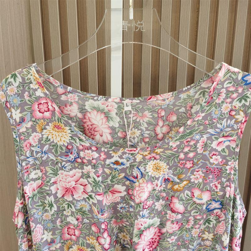 Summer New Arrival Women's Clothing Loose Round Neck Drawstring Sleeveless Printed Noil Poplin Dress Floral Sleeping Dress Soft Plaid