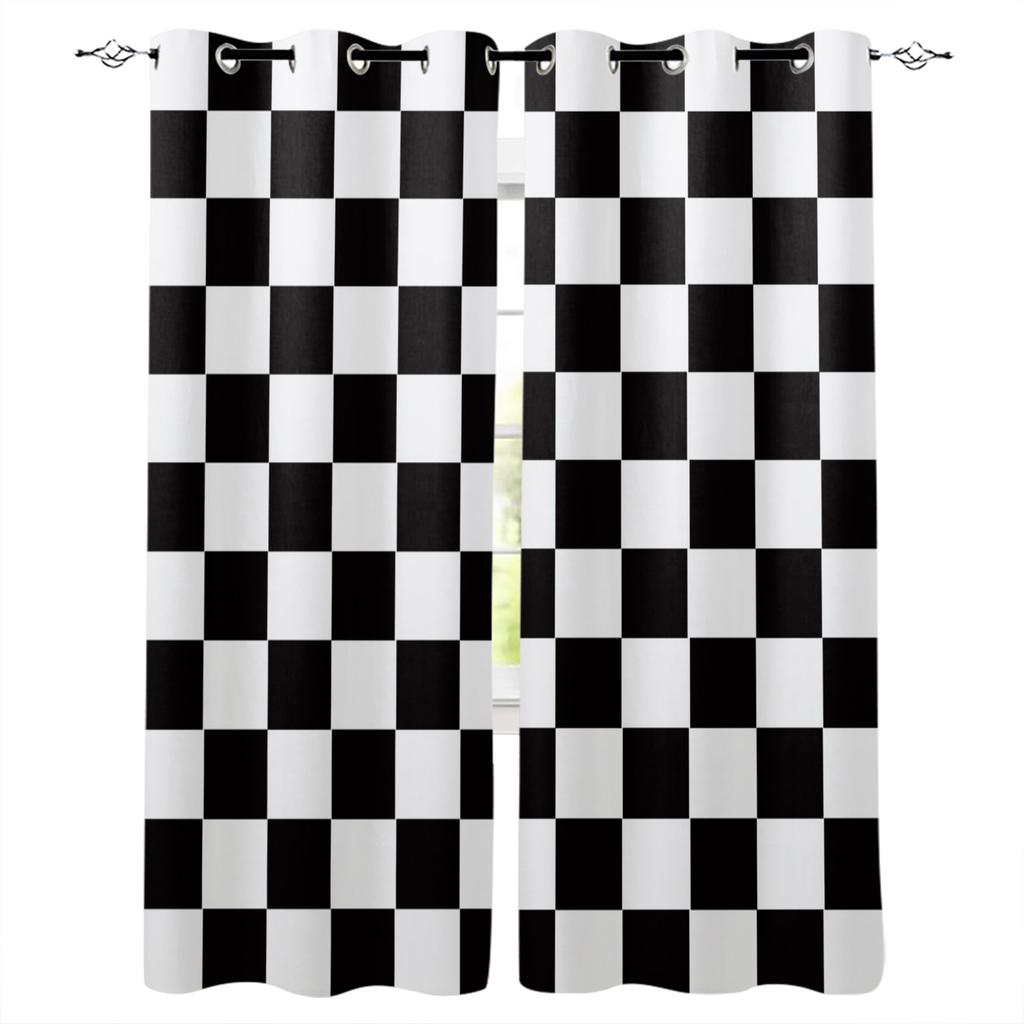 Simple Black&White Stripes Checkerboard Abstract Window Curtains For Kids Bedroom Living Room Bathroom Kicthen Door Hall 2pieces