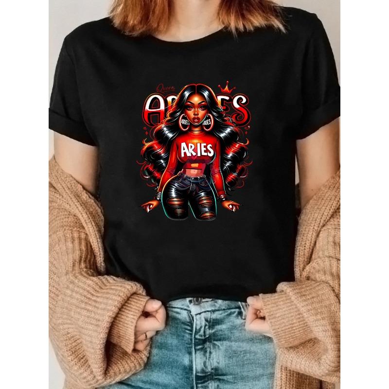 European Size Womens Aries Zodiac Graphic Tee Red Black Anime Style Print Lightweight Polyester Blend Casual Crew Neck Short Sleeve Spring Summer