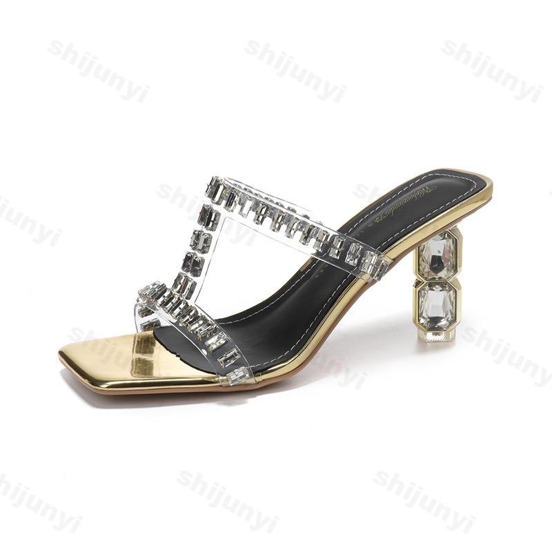 Fashion Rhinestone Designed Slippers Women Summer 2025 New Style High Heels Open Toed One-piece Fashion Comfortable Lightweight Sandals