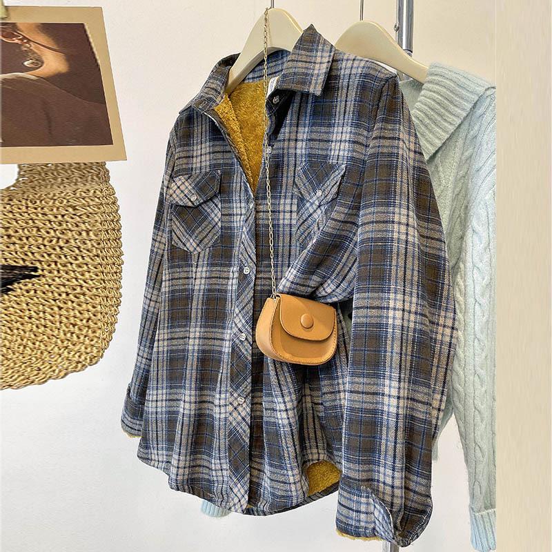 Женская Корейская Ретро Клетчатая Рубашка-Жакет с Лацканами - Стройнящая Зимняя Повседневная Мода XL (65kg-72.5kg)
