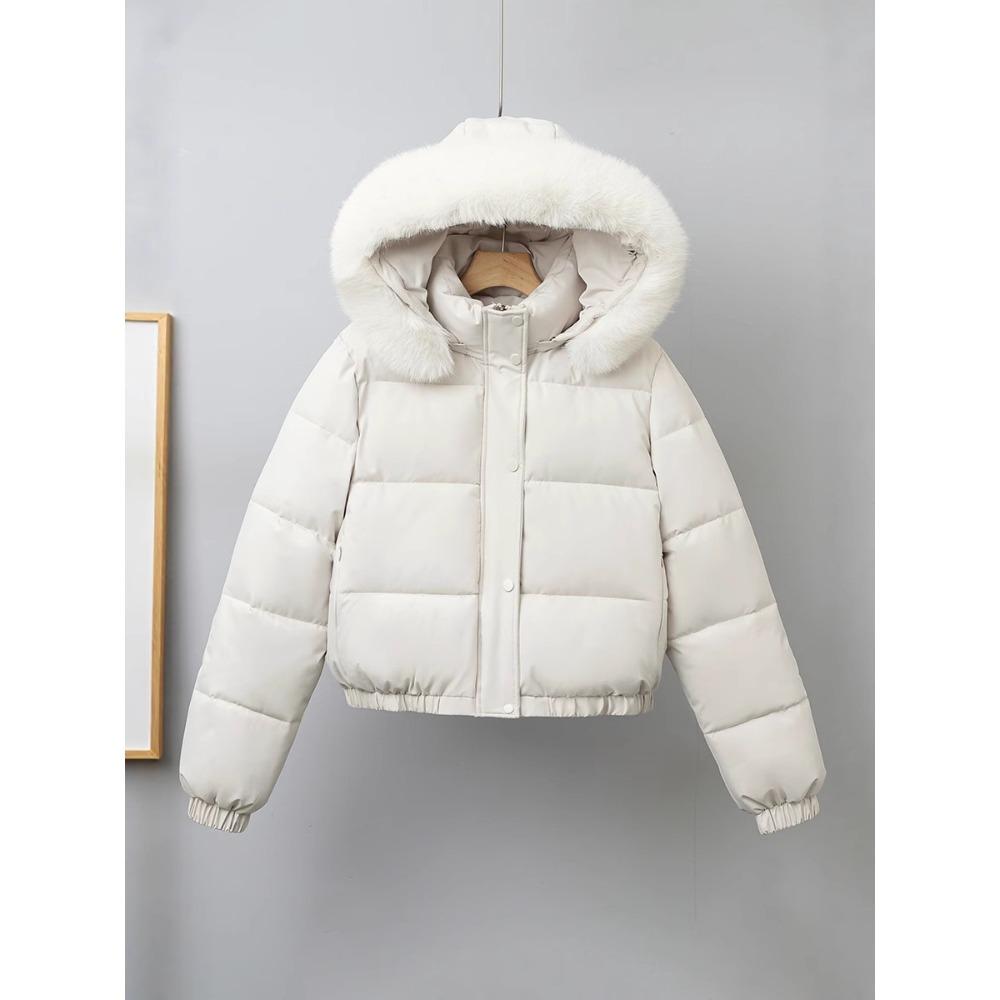 Women's Hooded Faux Fur Collar Long Sleeve Puffer Jacket Loose Fit Short Winter Coat