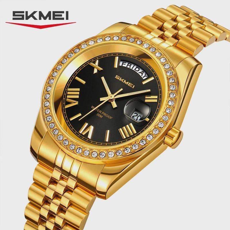 Mens Analog Quartz Watch Diamond Encrusted Bezel Day & Date Display Waterproof Stainless Steel Band