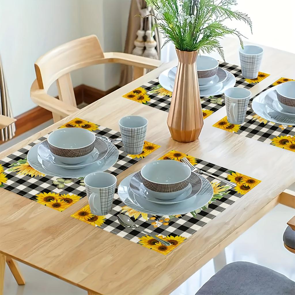 4/6pcs Set, Sunflower-Themed Kitchen Heat-Resistant Table Mats for Spring And Summer, Preventing Water, Oil, And Burns, Living Room Tablecloth