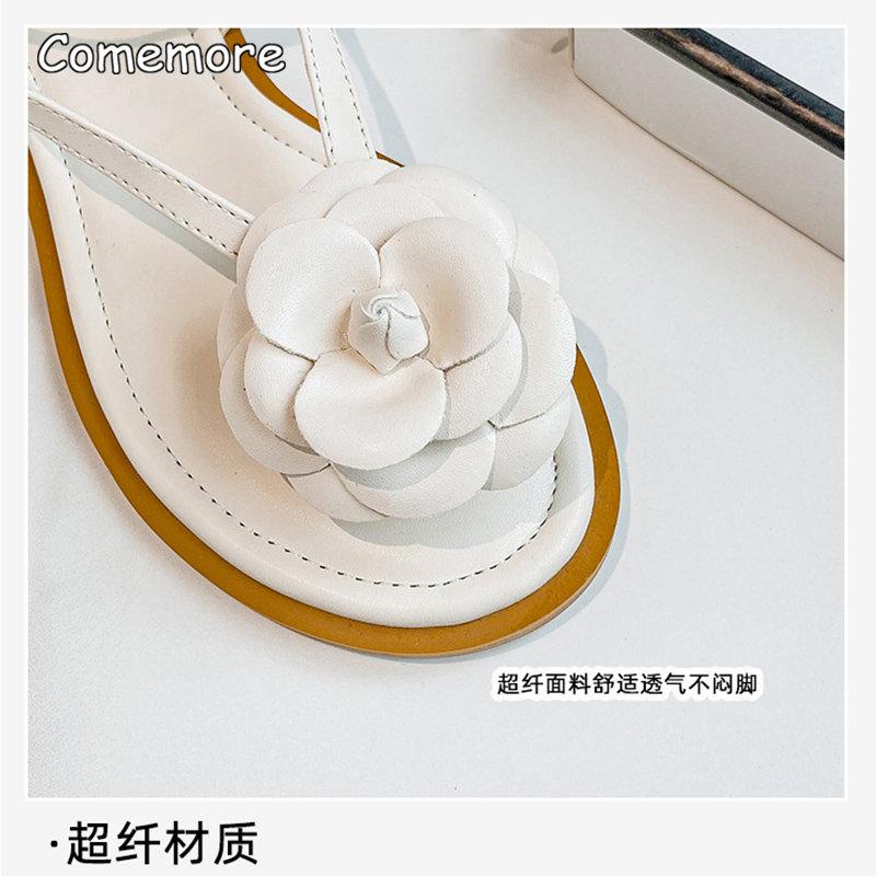 Feiern Sie 2025 Sommer Neue Elegante Damen Sandalen Flache Damenschuhe Blumendesign Schwarz Weiß Flip-Flops Große Größe 42 43