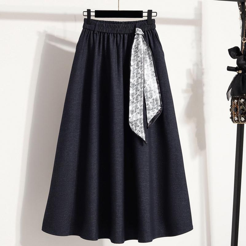 2026 Spring Plus Size Mid-Length Elastic Waist Denim Skirt 2XL глубокий/синий