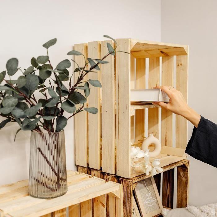 Creative Deco Caisse en Bois Naturel avec Etagere - 50x40x30 cm - Caisse de Rangement - Cagette Rangement Bois - Caisse Vin