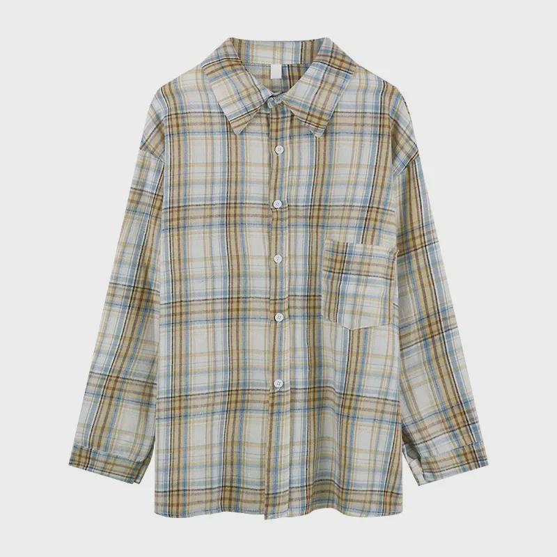 Women's Korean-Style Plaid Shirt Jacket - Early Autumn, Loose Fit, Long-Sleeved, Retro Design